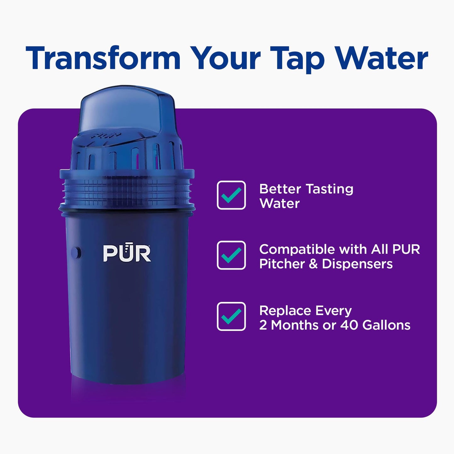 PUR Water Pitcher & Dispenser Replacement Filter 4-Pack, Genuine PUR Water Filter, 2-in-1 Powerful and Faster Filtration, 8-Month Value, Blue (PPF900Z4)