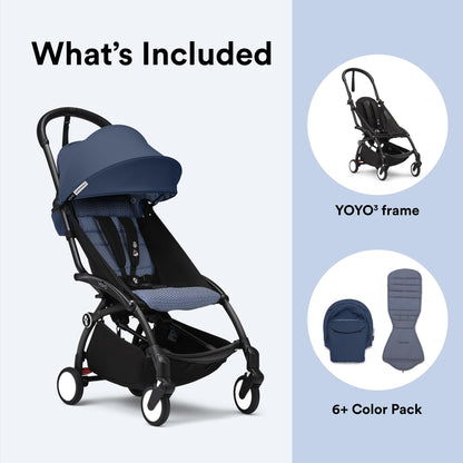Stokke YOYO3 Stroller from 6 Months - Includes Black Frame/Air France Blue Seat Cushion + Canopy - Folds in & Out in a Flash - Light & Compact - Carry-On Compatible