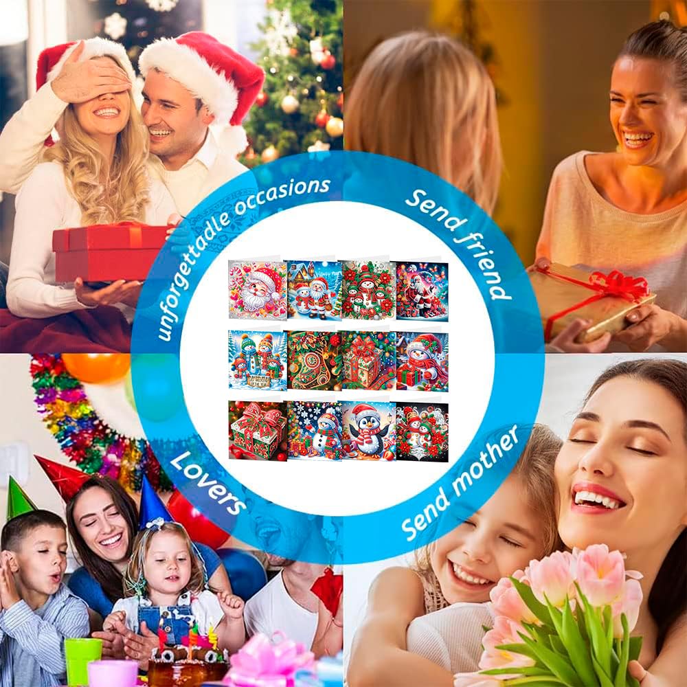 YGbaby 12 Packs DIY 5D Diamond Painting Christmas Cards Kits for Adults - Crystal Box Snowman Diamond Art Greeting Cards - Merry Christmas Gem Art Gifts for Xmas Family and Friends