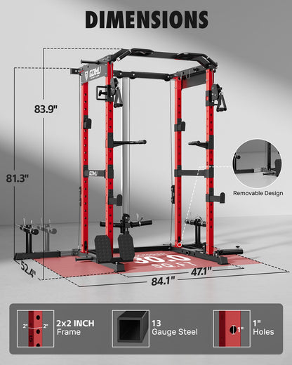 GOIMU RH01 Power Cage Rack, 2000LBS Squat Rack with with Cable Crossover System&LAT Pull Down System, Multi-Function Workout Cage for Home&Garage Gym (Red, RH01 Power Cage)