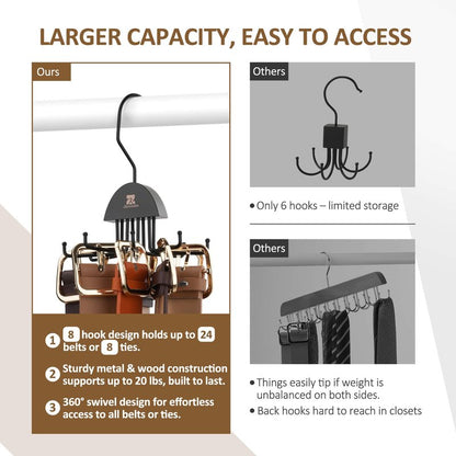 ZEDODIER 2 Pack Tie Hanger & Belt Organizer, Rotatable Tie Rack Space Saving Tie Holder with 16 Adjustable Hooks for Closet Organizers and Storage, Sturdy Belt & Tie Collection Storage, Black