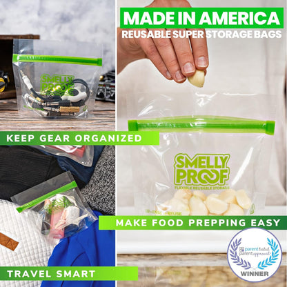 Smelly Proof 10 x Expandable Stand-Up & Fill REUSABLE Storage Bags for Food Designed & Mfg in US, NO PEVA, BPA FREE, Reusable Snack Bags, Dishwasher-Safe, Clear 3 mils STAND & FILL 6" x 4" - 10pk