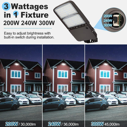 Xbuyee 300W LED Parking Lot Light with Dusk to Dawn Photocell, Outdoor Dimmable Area Lights with Trunnion Mount, 45000LM 5000K Daylight 100-277V IP65, Power Selectable (300W/240W/200W) ETL