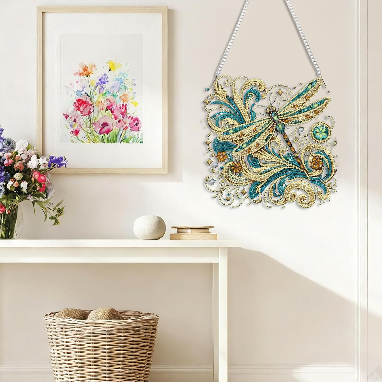 LPDJITO Dragonfly Diamond Painting Kits Hanging Pendant, Flower & Dragonfly Crystal Diamond Art Hanging Sign, Double-Sided Pattern Craft Ornament for Home Decoration and Gift