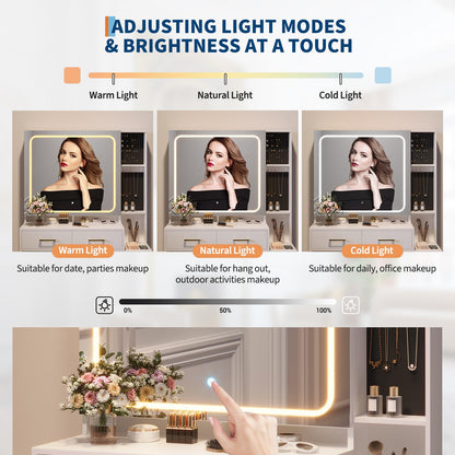 GlowSol Vanity Desk with Mirror and Lights, White Makeup Vanity with Jewelry Organizer, LED Glass Cabinet, 3 Light Modes, Power Outlet, 5 Drawers, Vanity Table Set with Padded Storage Stool