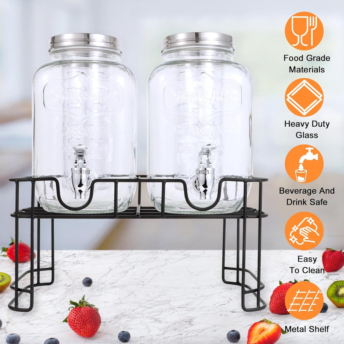 1 Parties-Set 2,Drink Gallon Glass Drink Dispensers For of Dispenser with Fruit Infuser & Stand,Juice or Beverage