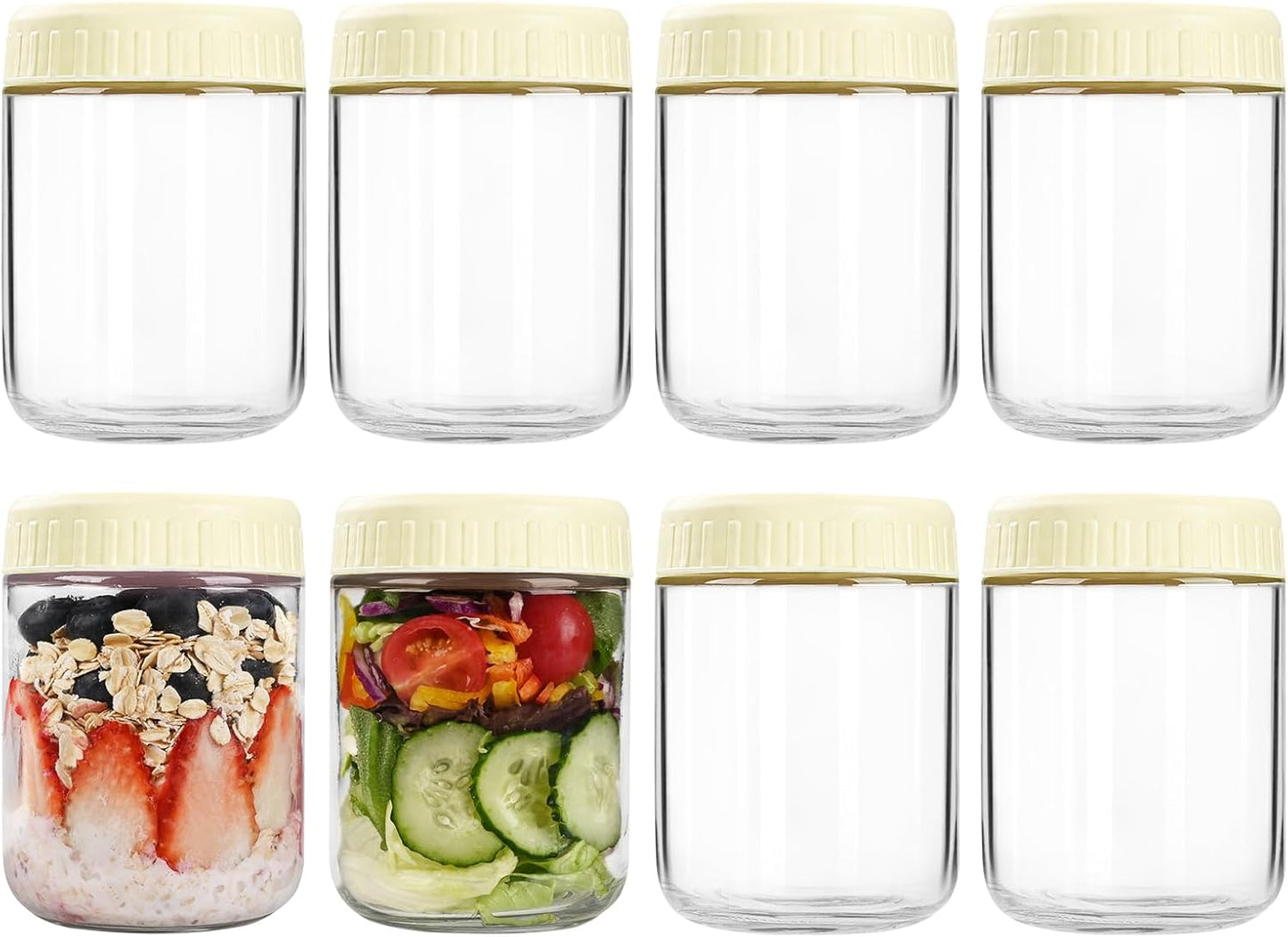 16oz 8 SHOWIN Overnight Oats Containers with Lids, Glass Jars with Lids pcs, Milk White, Wide Mouth Mason jars
