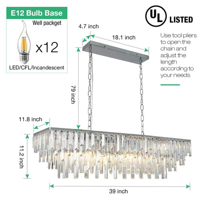 39" Modern Rectangle Crystal Chandelier, Chrome Linear Pendant Light with Clear Crystal Prisms, Luxury Island Lighting Fixture for Dining Room Kitchen Table Living Room