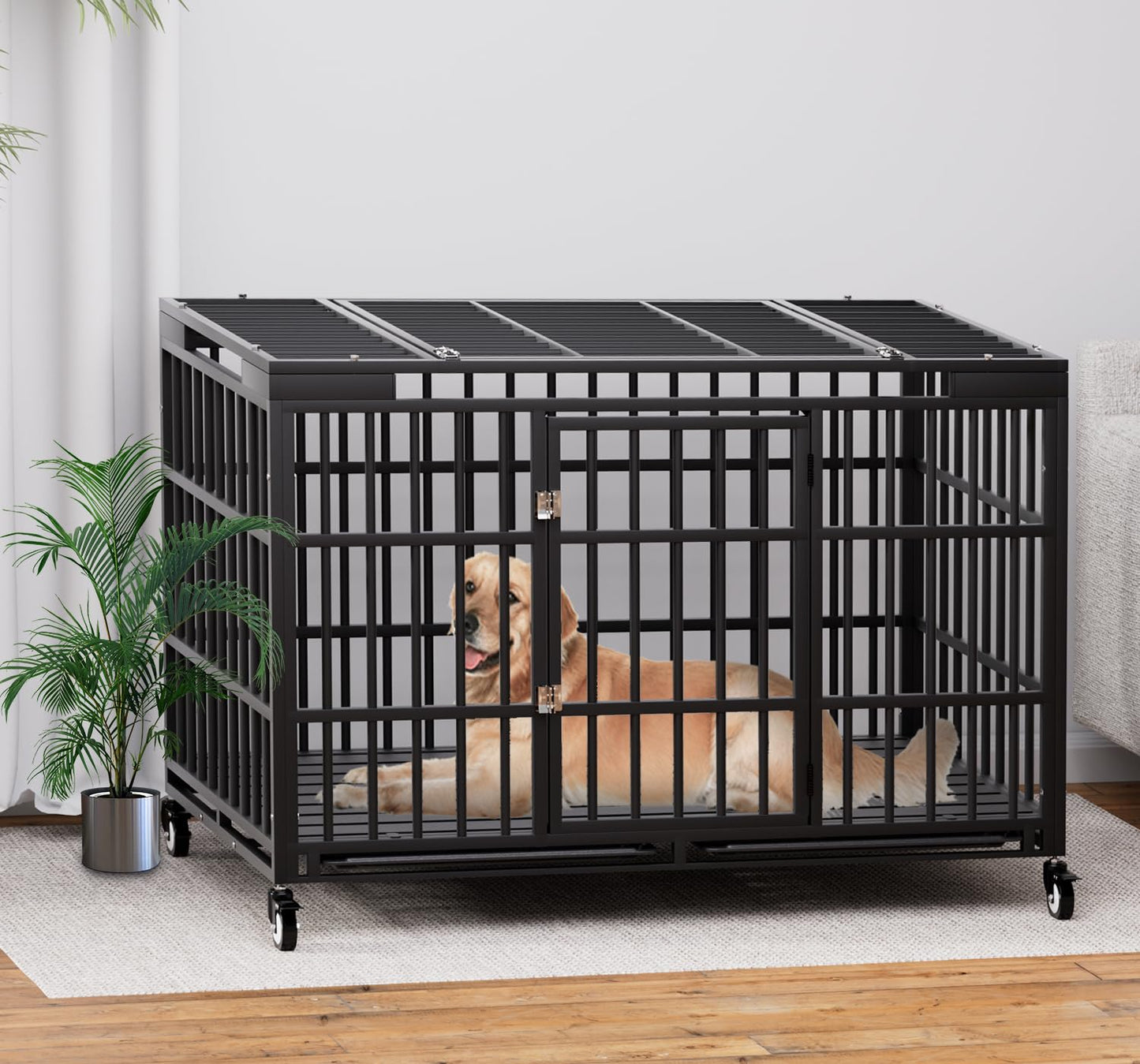 HMHTCT 54 Inch Heavy Duty Dog Crate with Wheels,Indestructible Escape-Proof Dog Kennel with Locking Latch and Double Door,Extra Large XL XXL Crate Indoor for Large and Medium Dog with Removable Tray