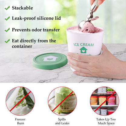 cyrico Ice Cream Containers with Silicone Lids for Homemade Ice Cream, 4 Pack 1 Quart Each Reusable Sorbet Frozen Yogurt Storage Containers Set BPA Free Stackable Leakproof Dishwasher Freezer Safe