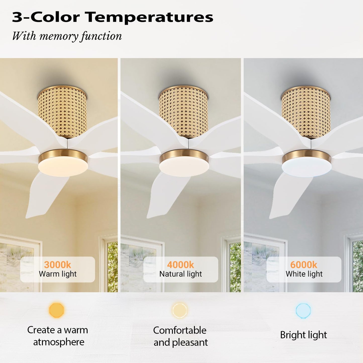 LEDLUX 54" Ceiling Fan with Light - Low Profile Flush Mount Ceiling Fan, 6-Speed Remote Control, Solid Wood, Quiet Reversible DC Motor, White/Gold Finish, for Bedroom, Living Room, Porch