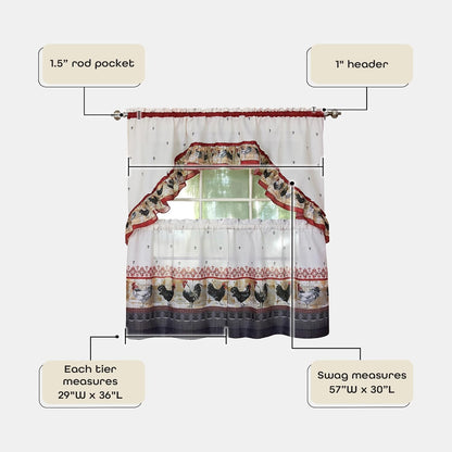 Printed Tier and Swag Window Curtain Set, 57 Inch Width, 36 Inch Length, Rooster, Machine Washable