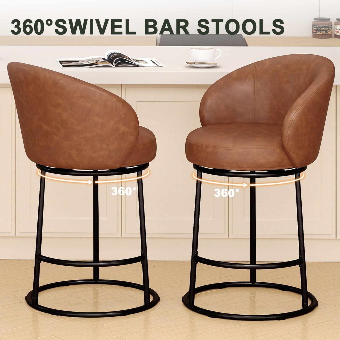 SAECKBERG Swivel Counter Height Bar Stools Set of 3, 26" H Modern Bar Height Stools for Kitchen Island, Upholstered Barstools with Backs, Brown Counter Stools Chairs, Faux Leather