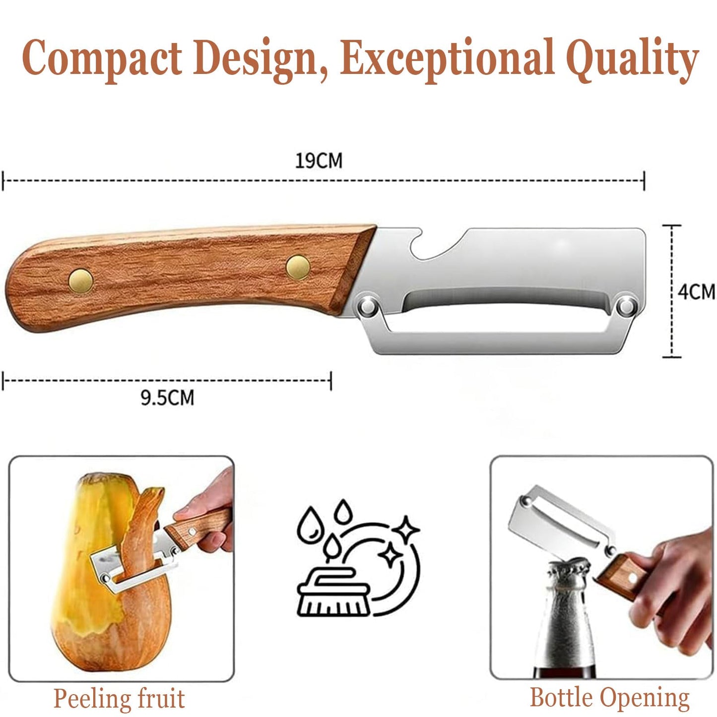 2 Pack 2 in 1 Multifunctional Vegetable Peeler, Sharp Stainless Steel Blade, Wooden Handle & Bottle Opener, Non-Slip Ergonomic Tool for Potato, Apple, Carrot, Pumpkin, Pineapple, Papaya, Zucchini