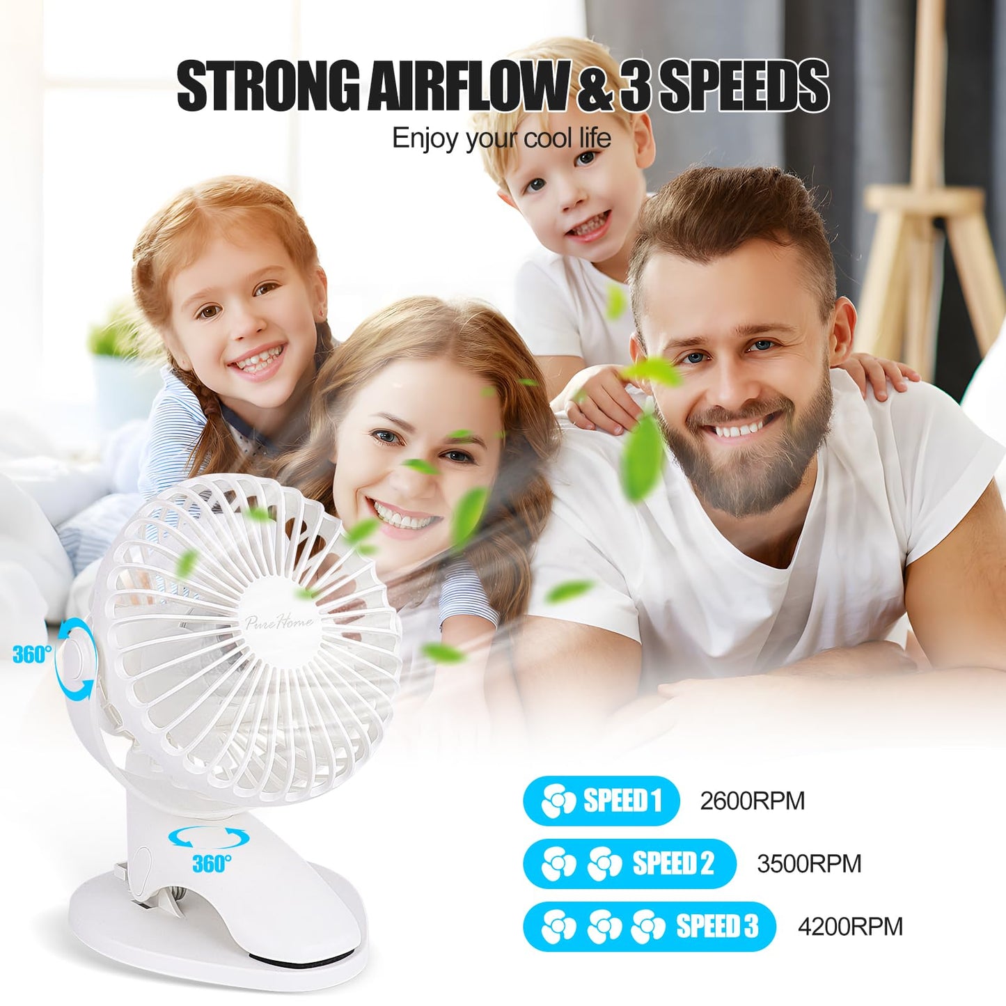 Portable Clip Fan Battery Operated,3 Speeds USB Rechargeable Mini Table Fan with Strong Airflow,360°Rotation Ultra Quiet Personal Desk Fan for Home Office Bedroom Dorm Stroller Camping(White)