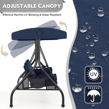 HOMREST 3 Seat Outdoor Porch Swing with Adjustable Canopy, Convertible Patio Swing Bed with Stand, Patio Glider Swing with Upgraded Cup Holder, Thicken Cushions ＆ Pillow for Backyard(Blue)