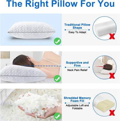Skiennix Cooling Pillows | Queen Size Set of 2 | Shredded Memory Foam for Hot Sleepers | 20" x 30", White