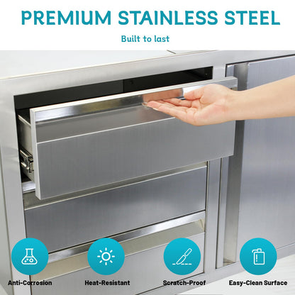 FORJAMINT Outdoor Kitchen Door Drawer Combo Cabinet,38.1W x 22.6H x 20.8D Stainless Steel with Handles,Triple Drawers & BBQ Access Combo for Outdoor Kitchen Island (Drawer and Left Door Combo)