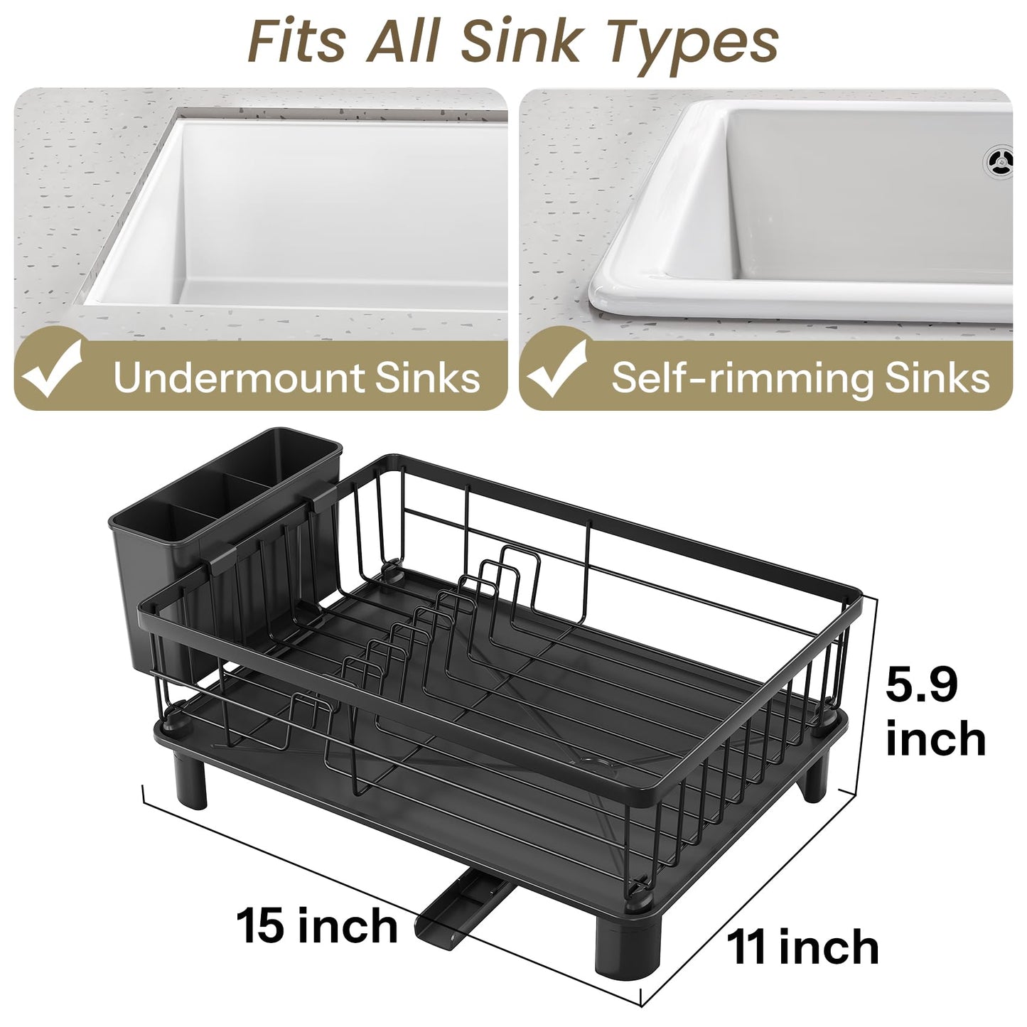 SNTD Dish Drying Rack - Space-Saving Dish Rack for Kitchen Counter, Stainless Steel Dish Drainer with Utensil Holder and Drainboard, 11" W x 15" L (Black)