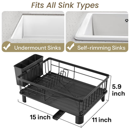 SNTD Dish Drying Rack - Space-Saving Dish Rack for Kitchen Counter, Stainless Steel Dish Drainer with Utensil Holder and Drainboard, 11" W x 15" L (Black)