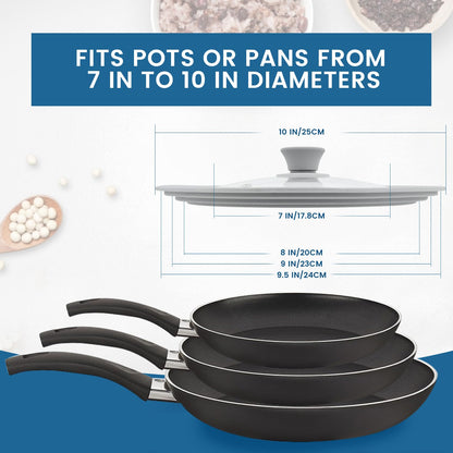 TOPULORS Universal Lid for Pots, Pans, and Skillets - Tempered Glass Lid with Silicone Rim Fits 8", 9", 9.5" Inner Diameter Cookware Frying Pan Cover Replacement Lid - Dishwasher Safe, Grey