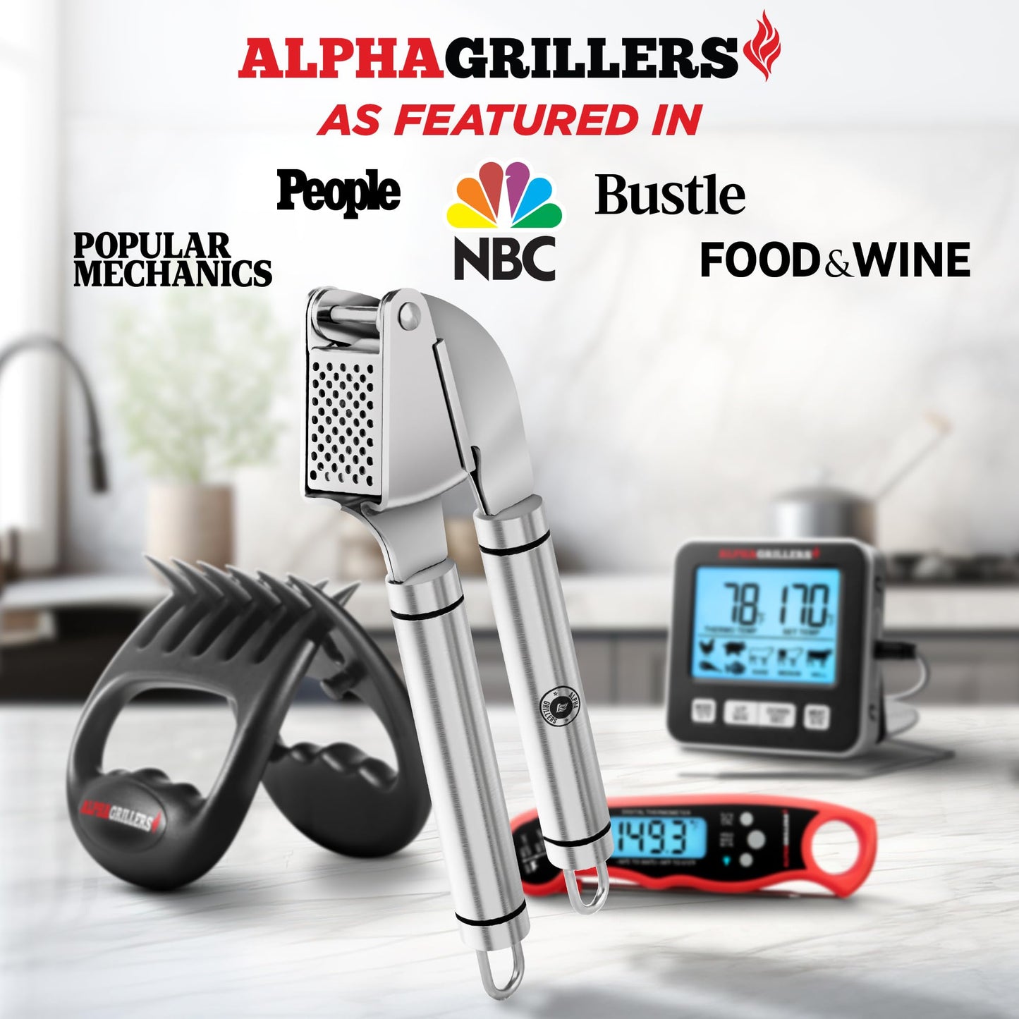 Alpha Grillers Garlic Press Stainless Steel - Easy to Clean, Rust-Proof, Dishwasher Safe - Stainless Steel Garlic Press, Mincer, Crusher with Silicone Peeler & Cleaning Brush