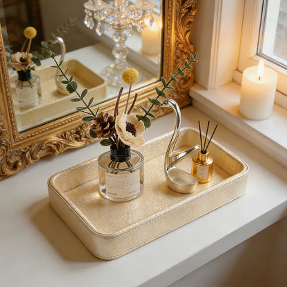 GORESE Gold Perfume Tray, Decorative PU Leather Jewelry Tray for Dresser and Nightstand Organizer, Catch-All Vanity Tray for Purse Bowl, Trinket, Key & Daily Essentials, Luxury Gift for Women