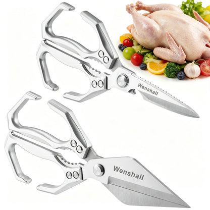 Wenshall 2-Pack Heavy Duty All-Purpose Kitchen Scissors, Stainless Steel, Kitchen Shears for Cutting Chicken, Poultry, Game, Meat - Chopping Vegetable, Dishwasher Safe,Christmas Gifts（Silver）