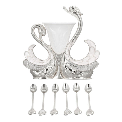Coffee Dessert Spoon Fork Set, Swan Base Holder Dinnerware Set with 6 Spoons, Luxury Exquisite Elegant Swan Shape Spoon Holder, Zinc Alloy Decorative Swan Flatware for Coffee