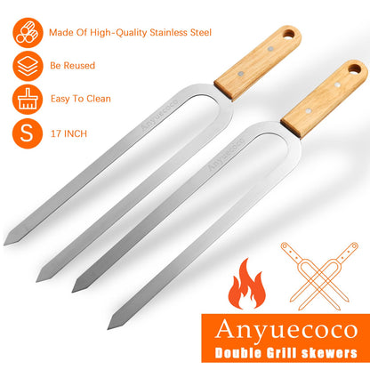 Anyuecoco Skewers for Grilling,2 PCS - 17 Inch Double Pronged Kabob Skewers With Wooden Handles,Heavy Duty Stainless Steel Skewer, Flat Skewer,For Grilling Meat, Vegetables, and Outdoor Cooking