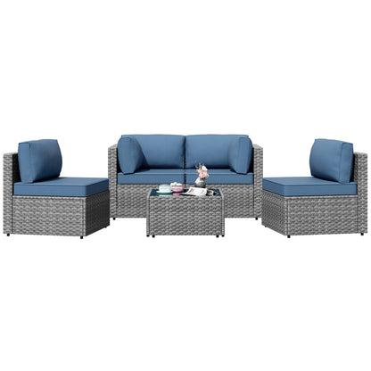Patio Furniture Sets, 5 Piece Outdoor Sectional Sofas, Wicker Rattan Outdoor Furniture Patio Conversation Set, All-Weather PE Rattan Outdoor Couch for Backyard, Garden, Gray & Aegean Blue