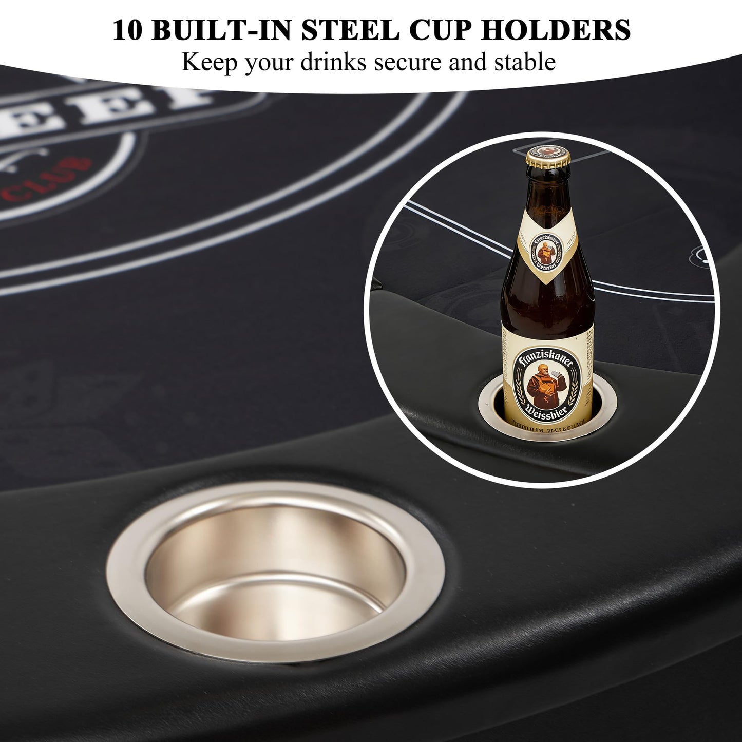 RAYKEEP 84" Poker Table for 10 Players, Foldable Texas Holdem Table with Padded Rails & 10 Cup Holders, Portable Casino Board Game Table for Game Room, Blackjack, Party (Black)