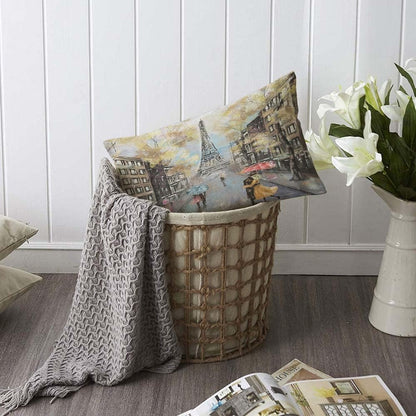 Paris Pillow Cover 12x20 inch - Oil Painting Autumn Lovers Kiss on Rainy France Street Decorative Throw Pillow