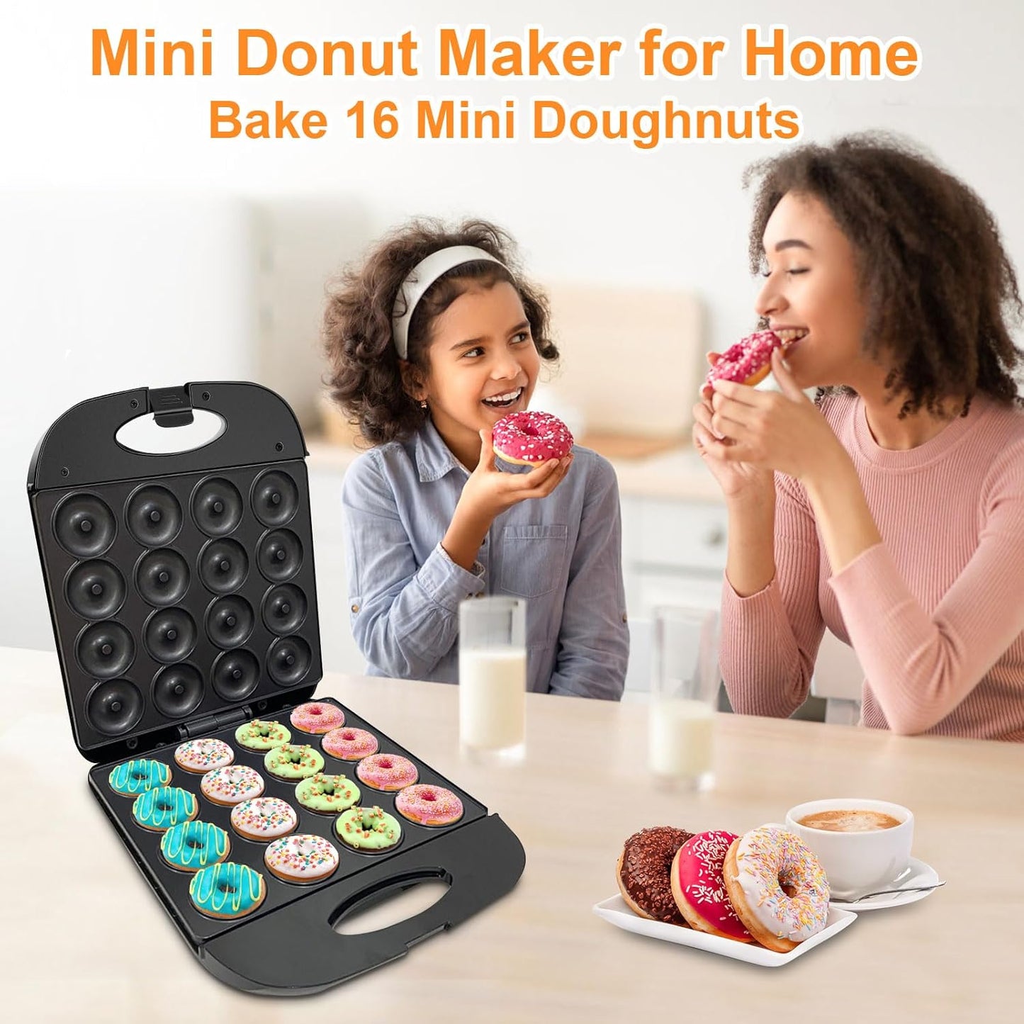 Mini Donut Maker Machine for Home, 16-Hole Electric Doughnut Maker with Non-Stick Surface, Black