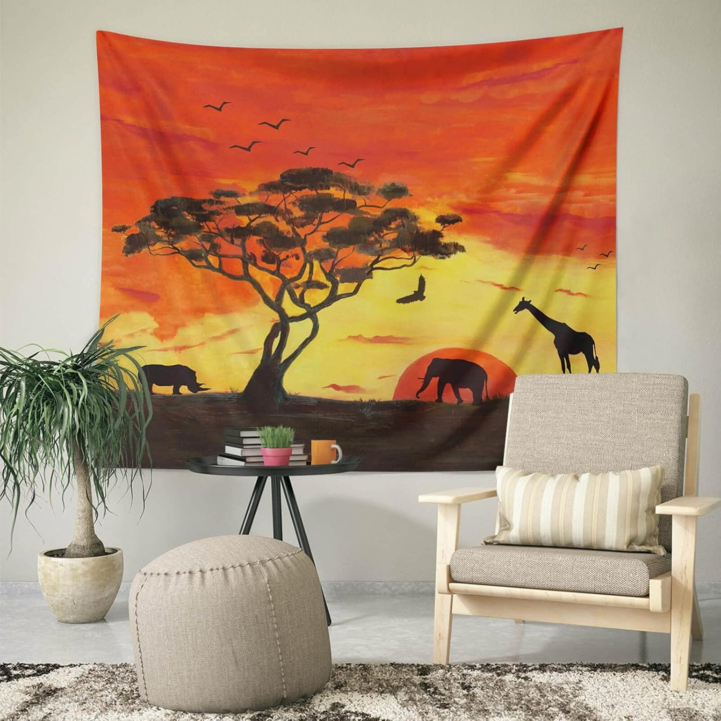 BROSHAN Large Tapestry for Bedroom, Orange African Wildlife Tree at Sunset Nature Landscape Tapestries Wall Hanging