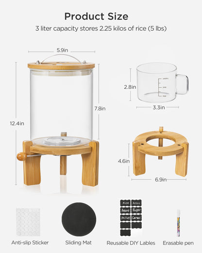 Famyards 5-7 lbs Glass Rice Dispenser with Wooden Stand Flour and Cereal Container with Glass Measuring Cup & Labels & Slider mat Pantry Food Organization Storage Bin with Airtight Bamboo Lid, 3L
