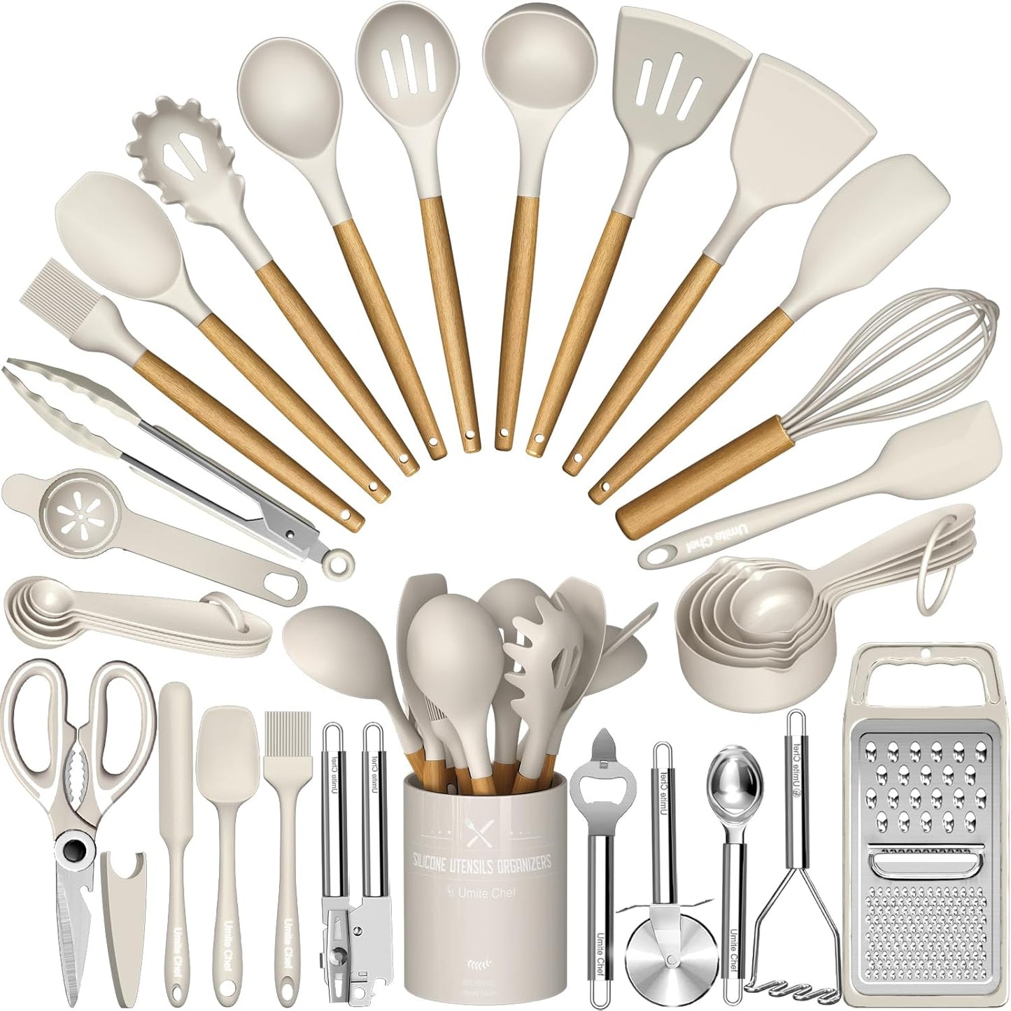 Umite Chef Silicone Kitchen Utensil Set, 34PCS Heat Resistant Gadgets with Grater, Wood Handles