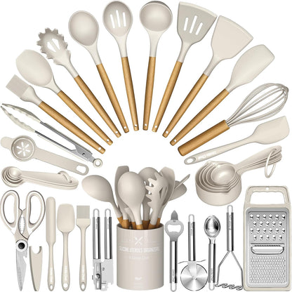 Umite Chef Silicone Kitchen Utensil Set, 34PCS Heat Resistant Gadgets with Grater, Wood Handles
