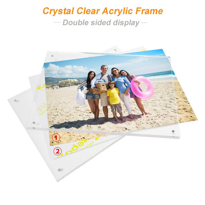 laapee 3 Pack 6x8 Magnetic Acrylic Picture Frame, Clear Double Sided Frame with Base, Frameless Floating Lucite Photo Frame Stands on Desk Table Horizontally or Vertically