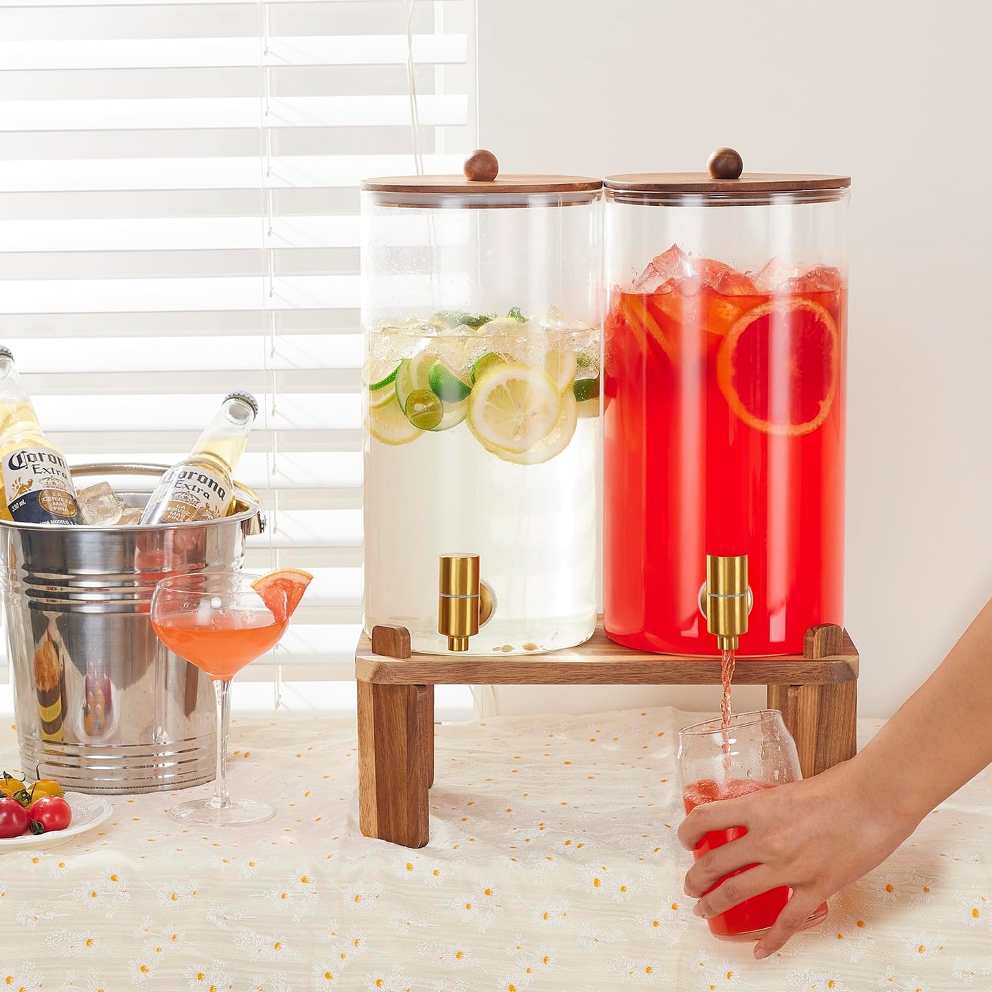 2 PCS 1.5 Gallon Drink dispenser, Glass Beverage Dispenser With Wood Stand, Large Water Drink Dispensers for Parties With Stainless Steel Spigot, Ideal for Lemonade,Juice, Tea, and Party Drinks