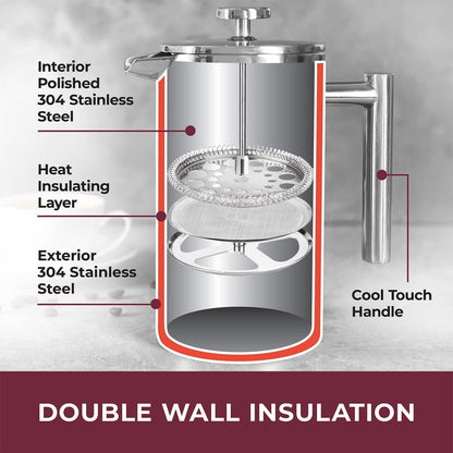 Mueller French Press Coffee Maker, 20oz Stainless Steel, 4 Filter Heat Resistant Double Insulated, Dishwasher Safe