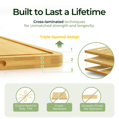 Keechee Wood Cutting Board for Kitchen - Reversible Bamboo Cutting Boards Gift Set of 3 with Juice Groove, Wooden Chopping Board for Meat, Fruit, Vegetables & Cheese (Pre Oiled, Natural)