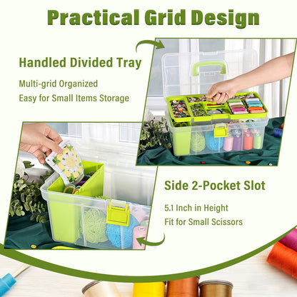 BTSKY 15 Inch Large Capacity Portable Clear Sewing Storage Box - with Removable Compartment Tray, Multi-Layer Sorting Organizer for Thread/Buttons/Tools/Craft DIY, Green