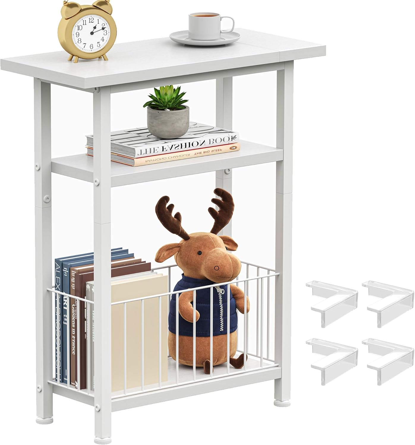25.2" HET004WT1 Heybly Small Narrow Side Table for Small Space, Thin Bedside Table with Storage Basket, Skinny End