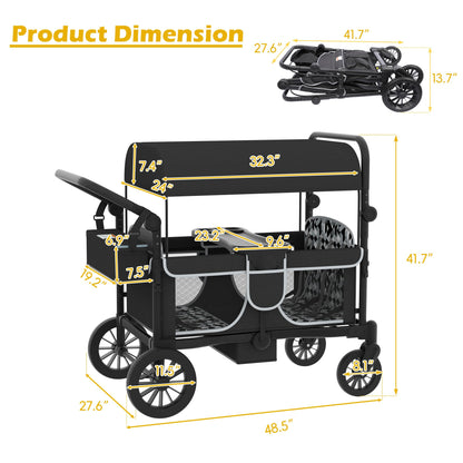 Xilingol 4-Seater Wagon Stroller for Kids, Foldable Outdoor Wagon with Canopy, Adjustable Handle, 5-Point Harness, Detachable Tray & Carry Bag (Black)
