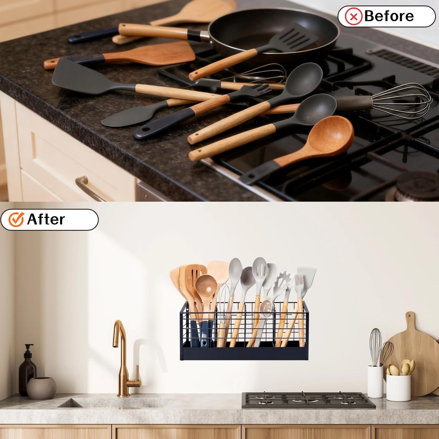 Dual-Use Large Utensil Holder with Effective Bottom Fence for Kitchen Counter & Wall Mount, 4-Compartment Organizer with Diatomaceous Earth Drying Mat, Holds 40 Cooking Tools, Iron, Matte Black 16 in
