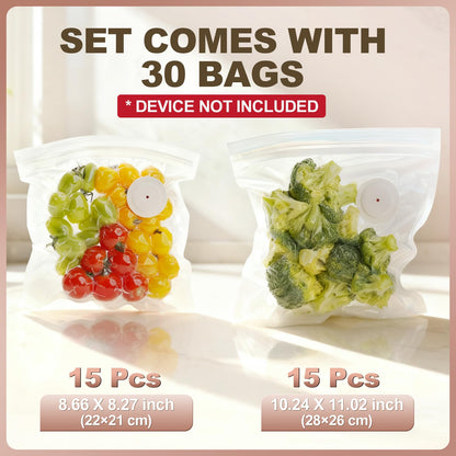 Reusable Vacuum Sealer Bags for Food: 30Pcs BPA-Free Reusable Vacuum Seal Bags with Air Valve & 2 Seal Clips, Plastic Clear Freezer Safe Vacuum Food Storage Bags, Microwaveable Seal Bags for Kitchen