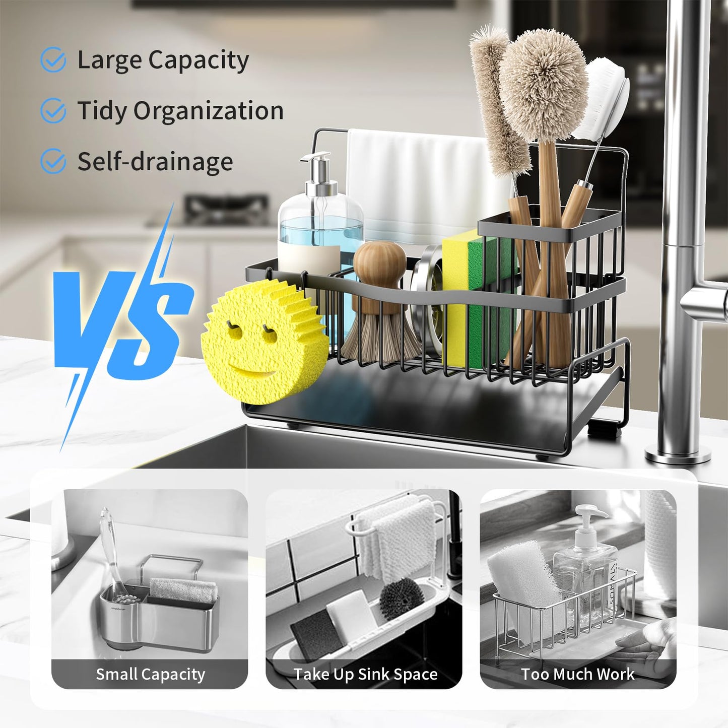 Adurei Sponge Holder for Kitchen Sink 304 Stainless Steel Self-Draining Sink Caddy with Smiley Face Sponge and Brush Holder Towel Bar and Divider Kitchen Gadgets Organizer for Countertop, Black