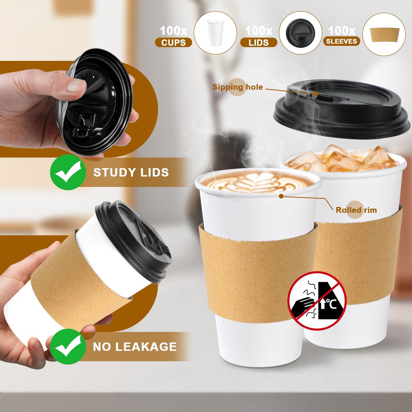 Lamosi 100 Pack 16 oz Disposable Coffee Cups with Lids and Sleeves, Leak-Proof To Go Paper Coffee Cups with Lids, Hot/Cold Beverage White Drinking Cup for Home, Office, Parties, Travel