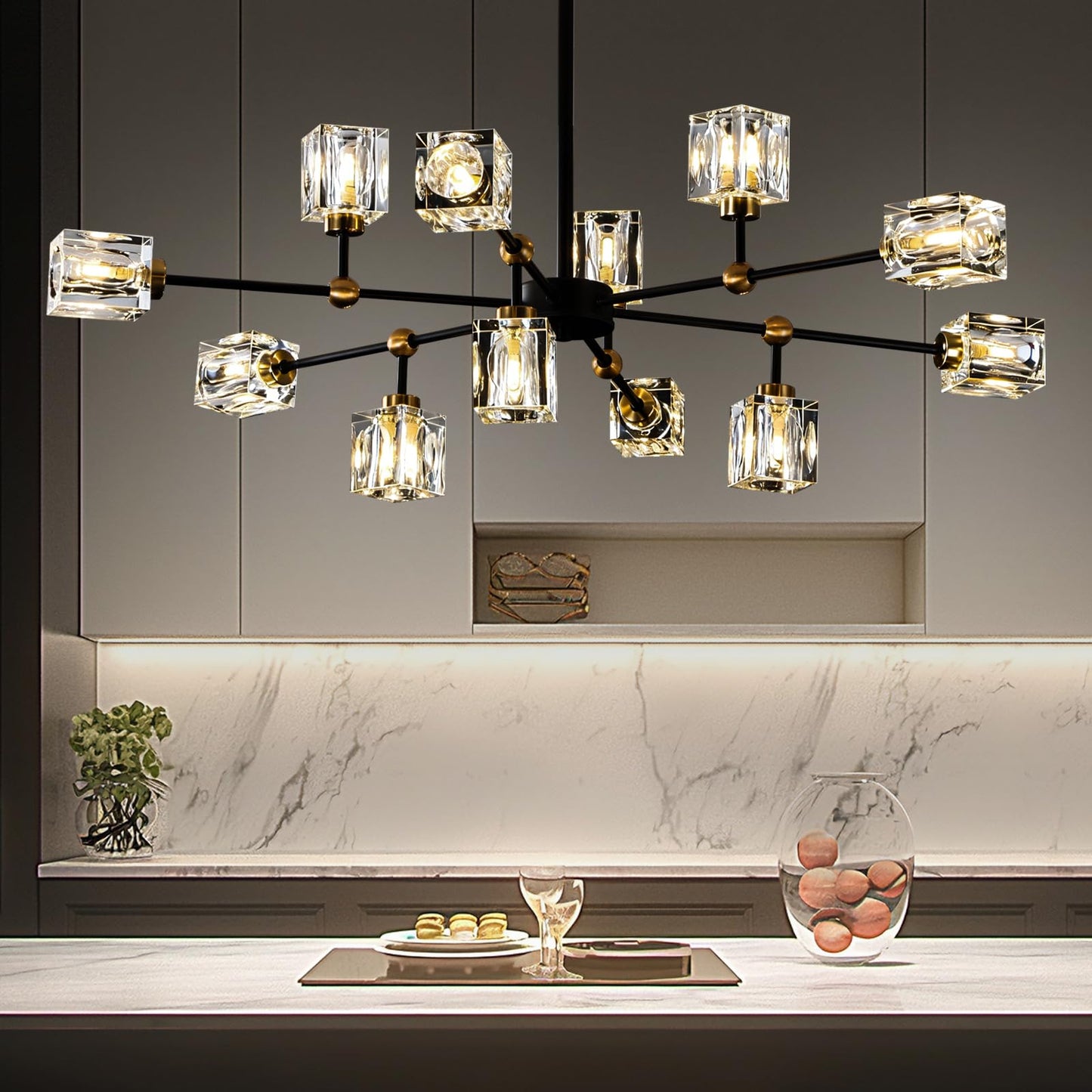 LIXDRASK 12-Light Black Crystal Chandelier Modern Sputnik Chandeliers for Dining Room Adjustable Height Sputnik Ceiling Light Fixture for Living Room Kitchen Island Bedroom